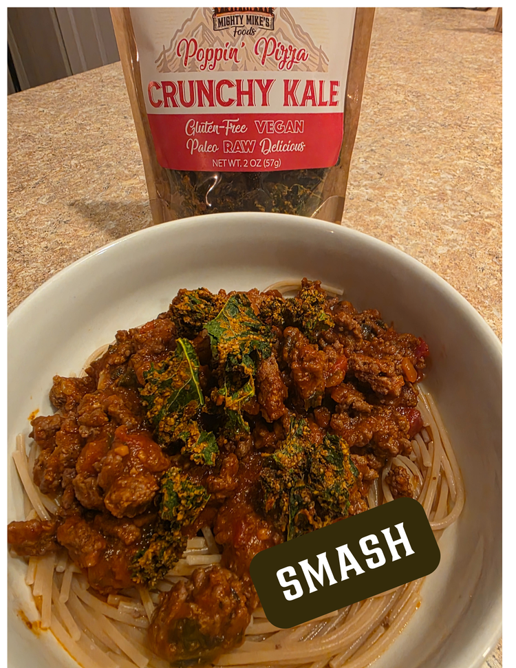 Poppin Pizza Crunchy Kale smashed over pasta