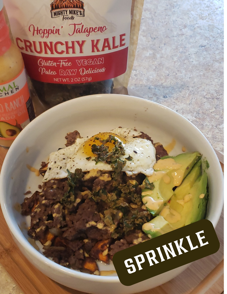 Hoppin Jalapeno Crunchy Kale sprinkled over a breakfast bowl